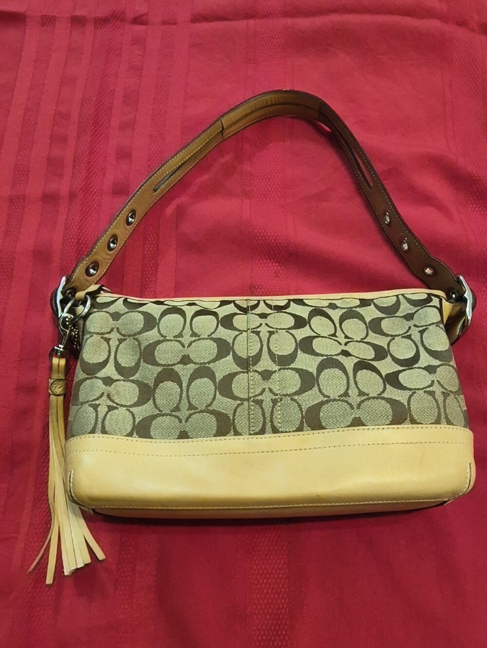 Coach Vintage Signature Khaki Canvas and Vachetta Leather East West Demi Handbag